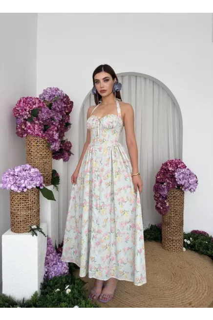 Çiçek Desenli Boyundan Bağlamalı Maxi Dokuma Elbise - 3