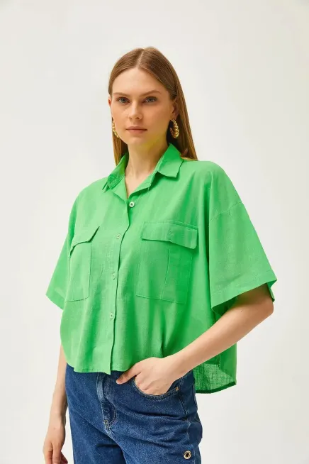 Çift Cep Kısa Kol Keten Gömlek-cln1016-ysl - 3