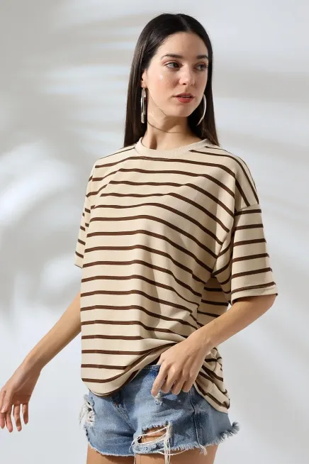 Çizgili Oversize T-Shirt-cln1013-khv - 2