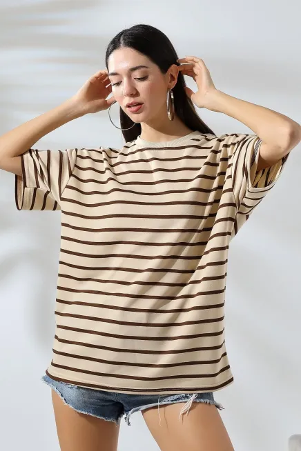 Çizgili Oversize T-Shirt-cln1013-khv - 4
