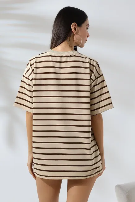 Çizgili Oversize T-Shirt-cln1013-khv