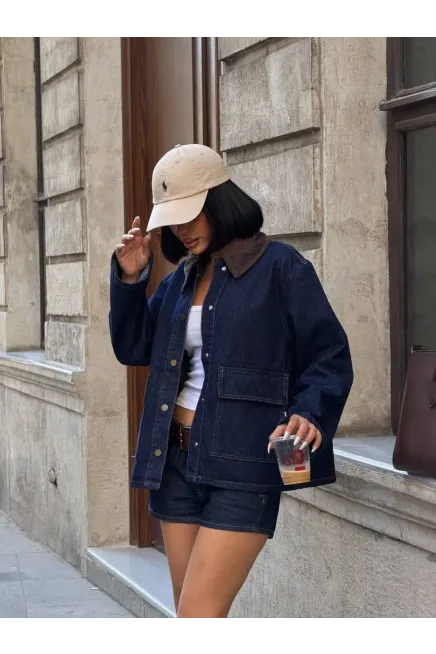 Denim Cep Detaylı Ceket Lacivert