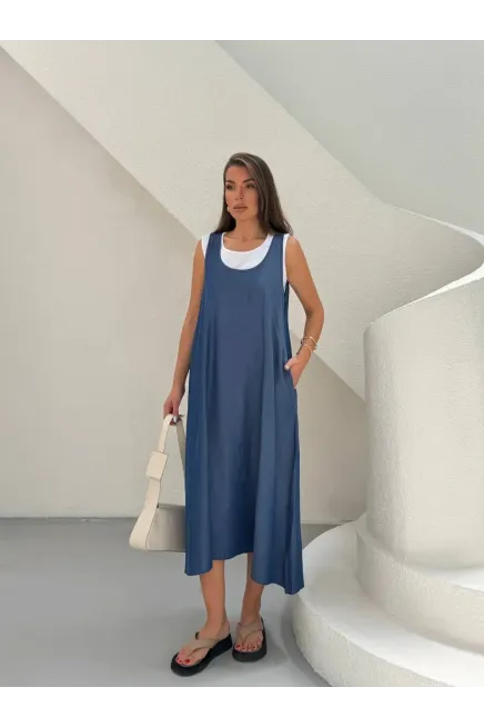 Denim Cepli Elbise ve Tshirt Mavi - 4