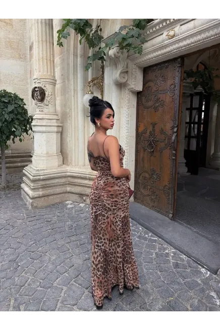 Dijital Baskılı Likralı Güpür Detay Maxi Elbise Leopar