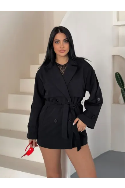 Düğmeli Bel Kuşaklı Trençkot Mont Siyah