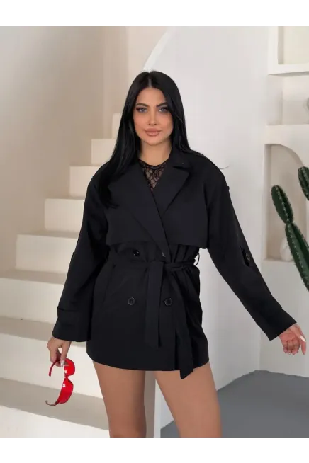 Düğmeli Bel Kuşaklı Trençkot Mont Siyah