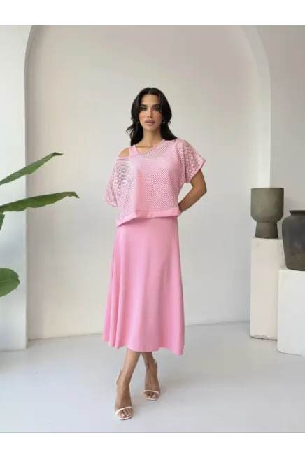 File Detaylı İkili Takım Elbise Pembe