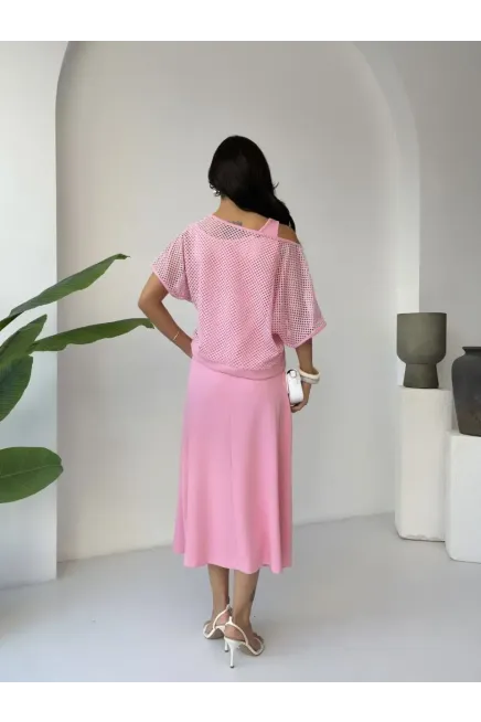 File Detaylı İkili Takım Elbise Pembe