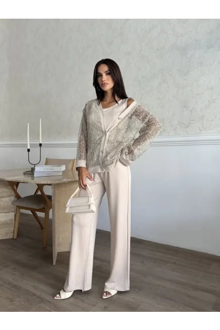 Fileli Pul Payetli Taş Renk Üçlü Takım - 3