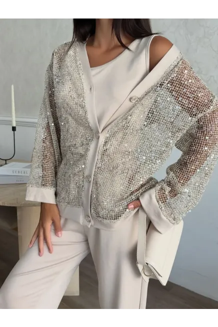 Fileli Pul Payetli Taş Renk Üçlü Takım - 2