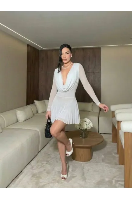 Full Likralı Cam Tül Kumaş Astarlı Mini Elbise Beyaz