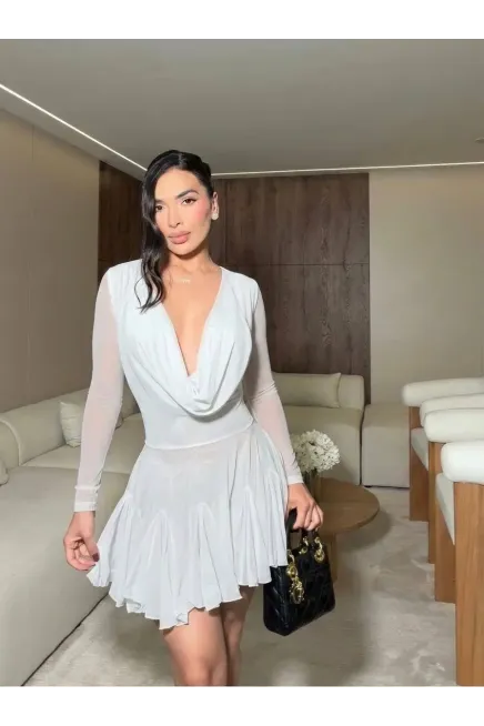 Full Likralı Cam Tül Kumaş Astarlı Mini Elbise Beyaz