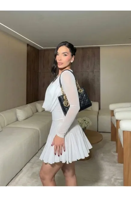 Full Likralı Cam Tül Kumaş Astarlı Mini Elbise Beyaz