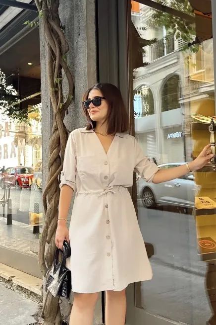 Gömlek Yaka Bel Bağlamalı Salaş Elbise-700-3411-bj - 2
