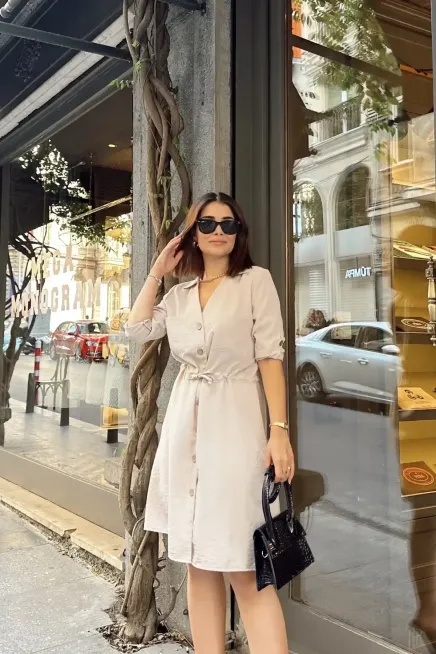 Gömlek Yaka Bel Bağlamalı Salaş Elbise-700-3411-bj - 3
