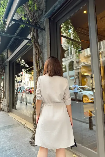 Gömlek Yaka Bel Bağlamalı Salaş Elbise-700-3411-bj