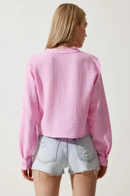 Hakim Yaka Müslin Gömlek Bluz Pembe-dsb2025k1-pmb