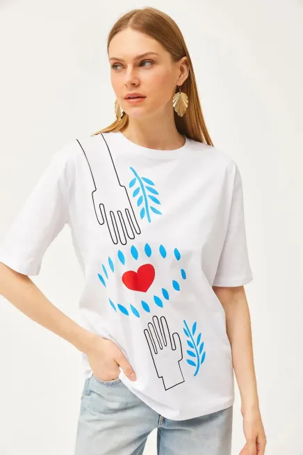 Hand Heart Baskılı Rahat Kalıp Tişört-cln1010-byz