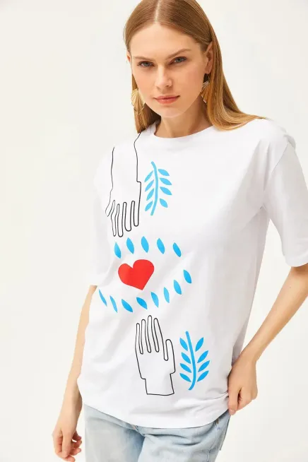 Hand Heart Baskılı Rahat Kalıp Tişört-cln1010-byz