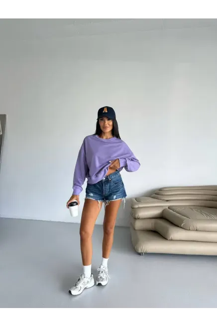 İki İplik Bisiklet Yaka Mor Sweatshirt