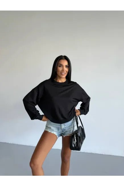 İki İplik Bisiklet Yaka Siyah Sweatshirt