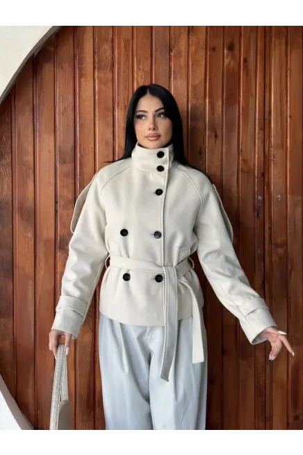 İthal Kaşe Bel Kuşaklı Trenç Mont Ekru