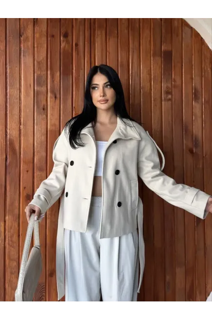 İthal Kaşe Bel Kuşaklı Trenç Mont Ekru