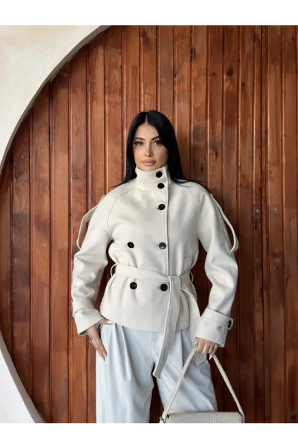 İthal Kaşe Bel Kuşaklı Trenç Mont Ekru