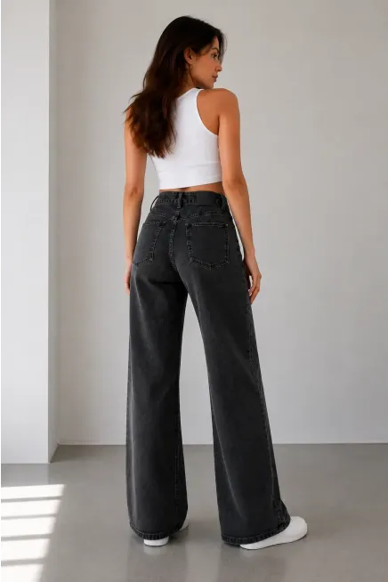 Kadın Antrasit Yüksek Bel Palazzo Denim Pantolon - 3