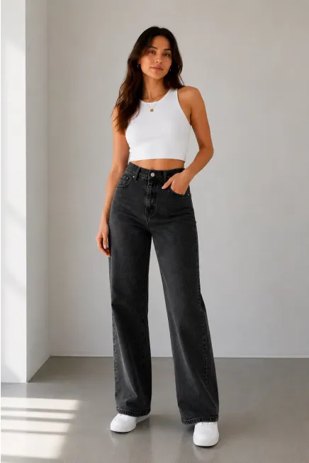 Kadın Antrasit Yüksek Bel Palazzo Denim Pantolon - 2