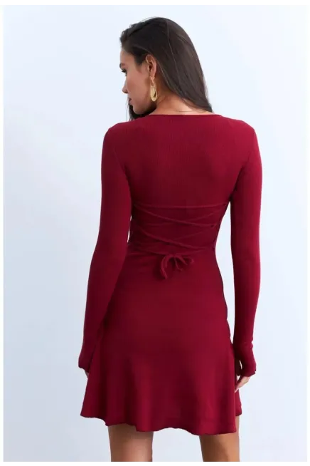 Kadın Bordo Bağlamalı Kaşkorse Mini Elbise-FRY2175_Bordo - 2