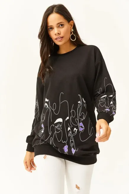 Kadın Siyah Yüz Figürlü Oversize Sweatshirt-19000632Siyah - 2