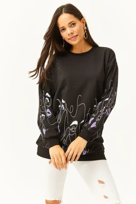 Kadın Siyah Yüz Figürlü Oversize Sweatshirt-19000632Siyah - 3
