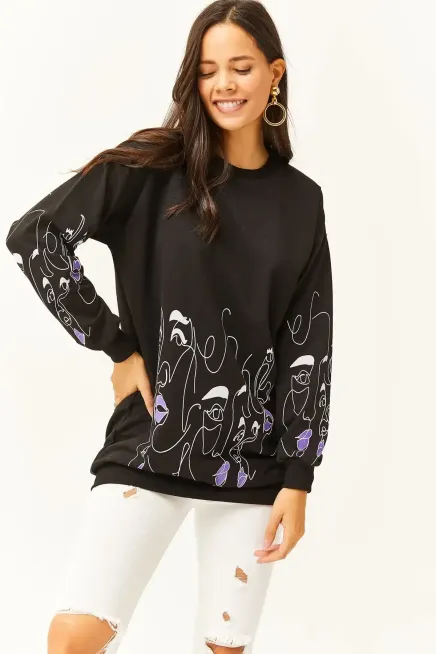 Kadın Siyah Yüz Figürlü Oversize Sweatshirt-19000632Siyah - 4