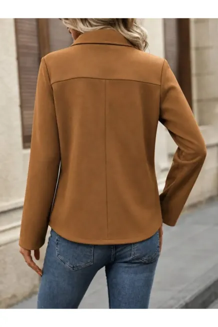 Kadın Uzun Kollu Önü Açık Yakalı Süet Ceket Taba