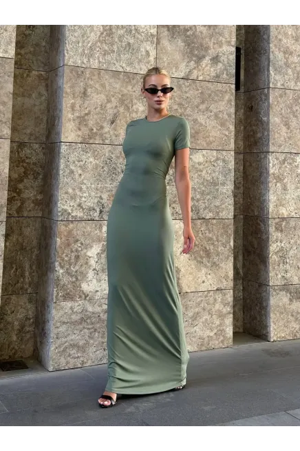 Kısa Kol Bisiklet Yaka Yeşil Elbise-zchelb9-ysl