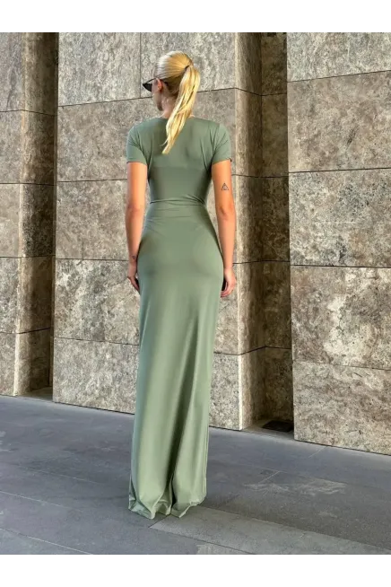Kısa Kol Bisiklet Yaka Yeşil Elbise-zchelb9-ysl
