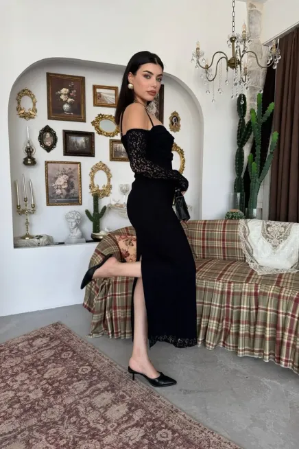 Kol Detay Dantel Midi Elbise Siyah