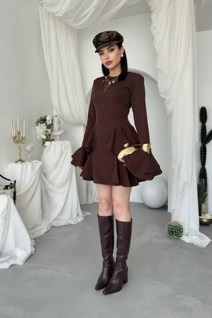 Kol Detay Mini Elbise Kahve - 4