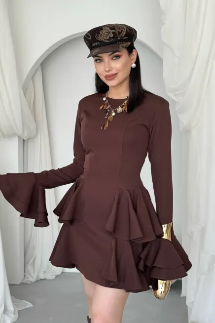 Kol Detay Mini Elbise Kahve - 2