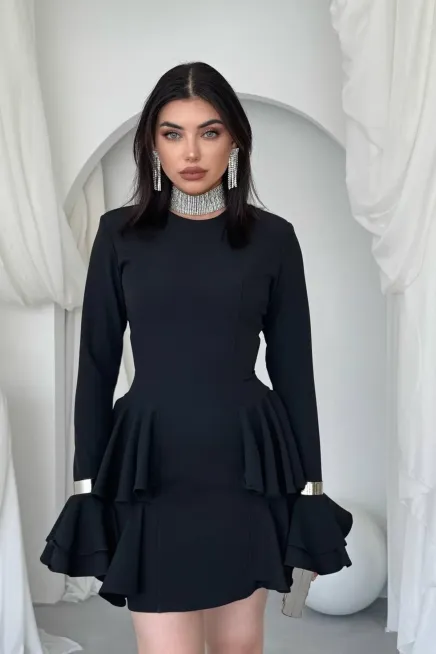 Kol Detay Mini Elbise Siyah