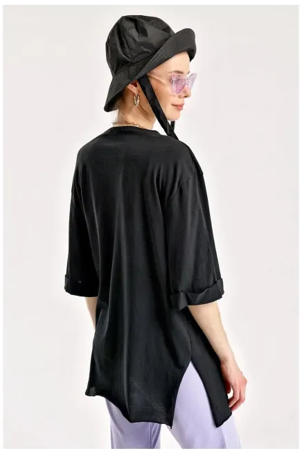 Kol Katlı Yırtmaçlı Salaş T-Shirt-4123BGD19-syh