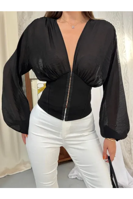 Korse Detay Bluz Siyah - 2