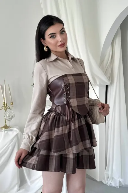 Korse Detaylı Ekose Mini Elbise