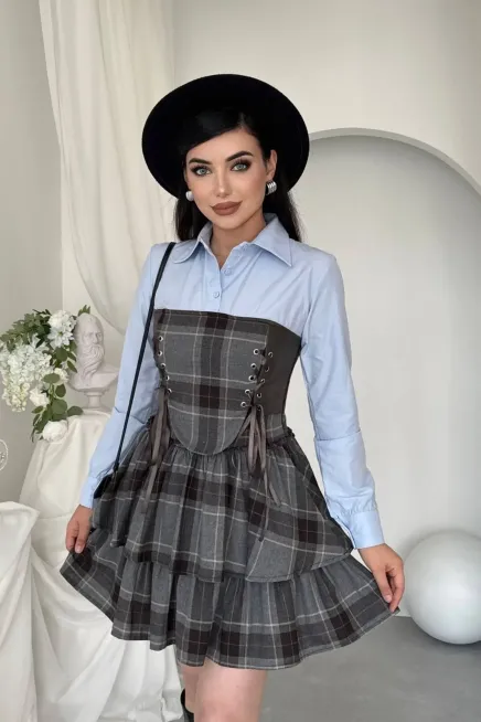 Korse Detaylı Ekose Mini Elbise Mavi - 2