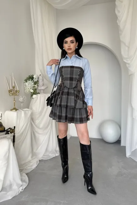 Korse Detaylı Ekose Mini Elbise Mavi - 3