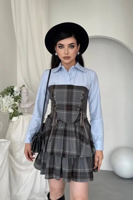 Korse Detaylı Ekose Mini Elbise Mavi