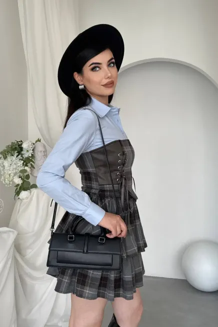 Korse Detaylı Ekose Mini Elbise Mavi