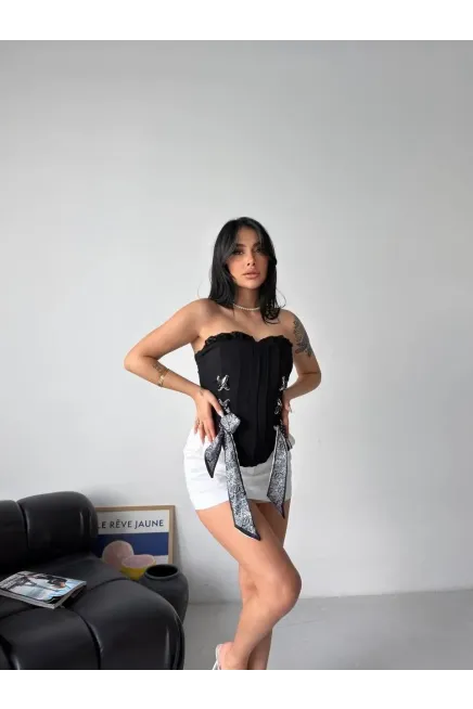 Kurdele Detay Korse Bluz Siyah - 3
