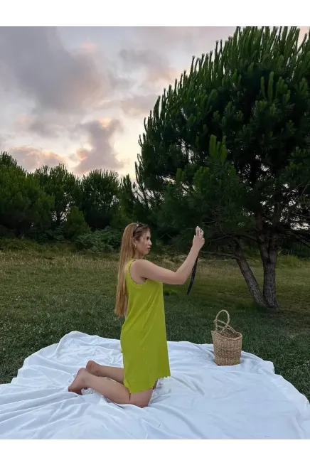 Lazer Kesim Keten Kumaş Tunik Elbise
